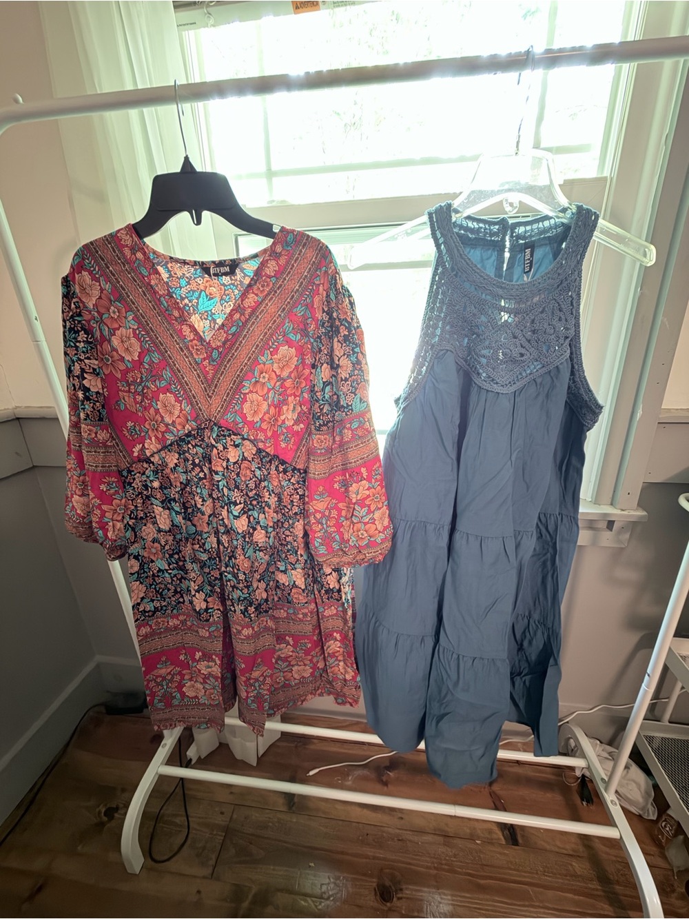 Sleeveless Crochet Yoke Tiered Dress in Blue & 3/4 sleeve multi color dress